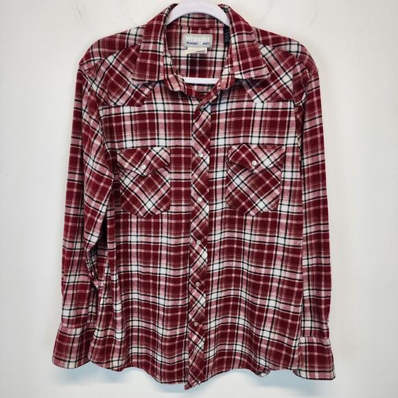Wrangler Wrancher Flannel Shirt Size L Red Plaid Pearl Snap Western Cowboy Vtg - Picture 1 of 8